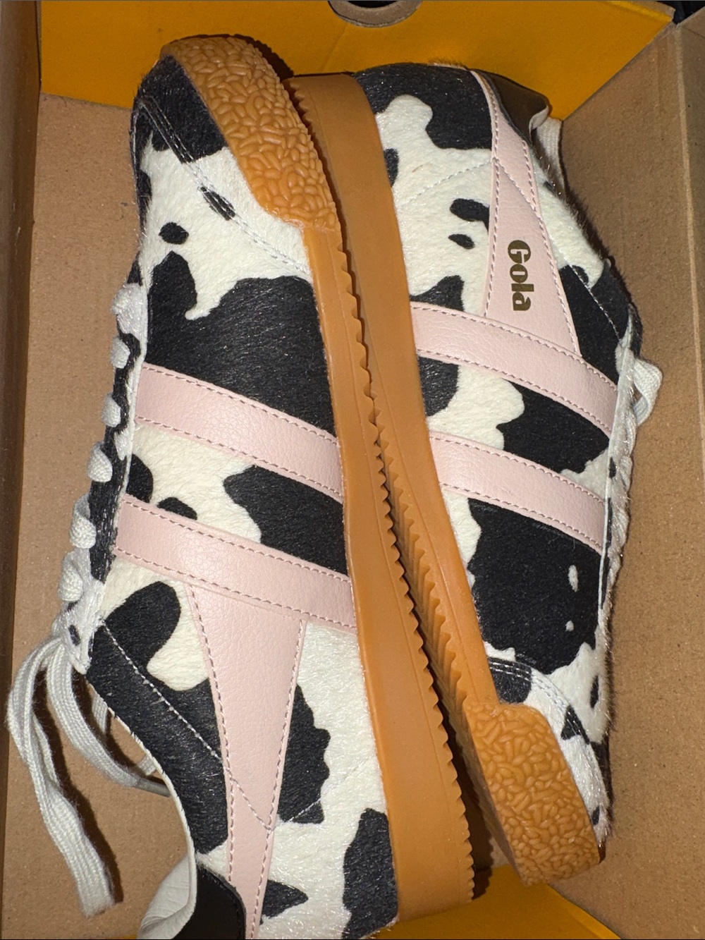 Gola Women’s Cow-Print Sneakers with Pink Stripes and Gum Sole